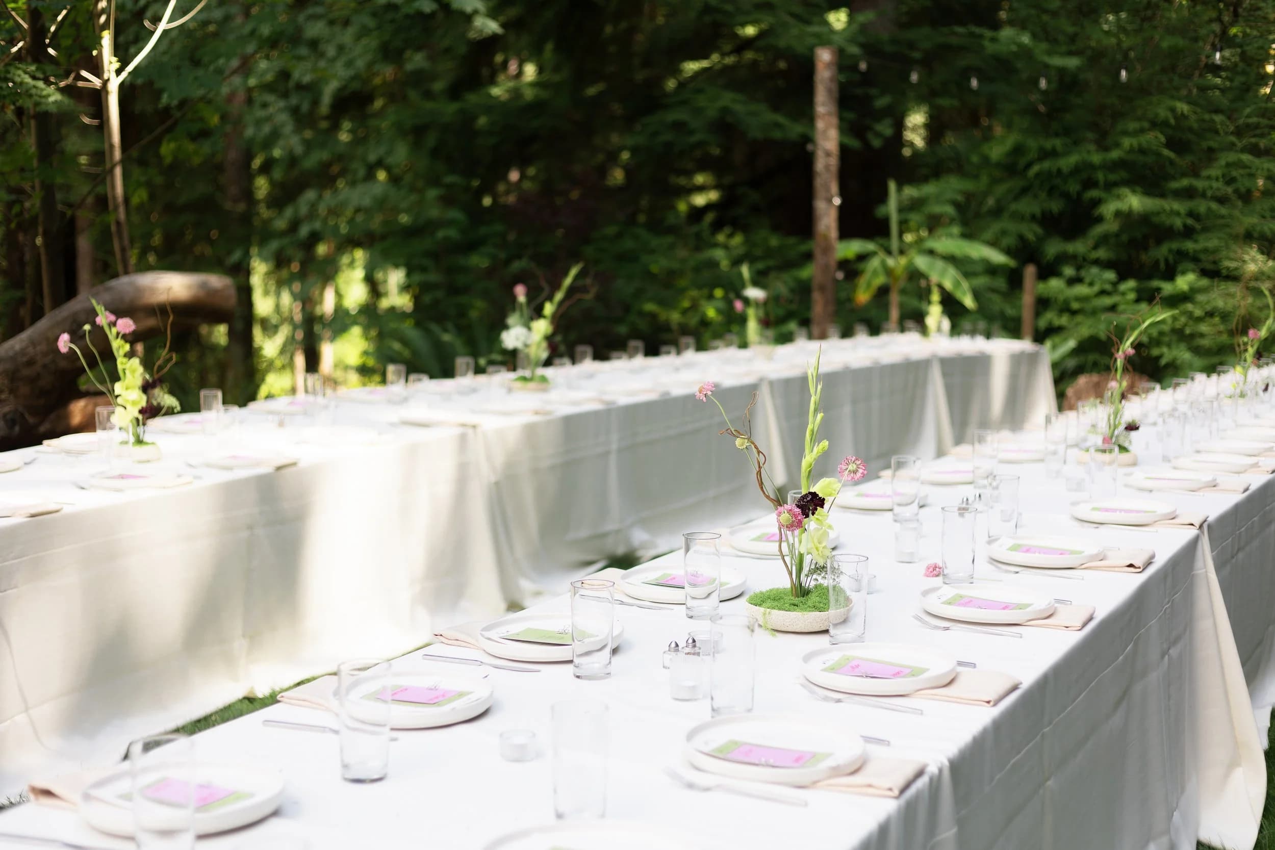 Elegant outdoor dining setup at Highland Farms wedding