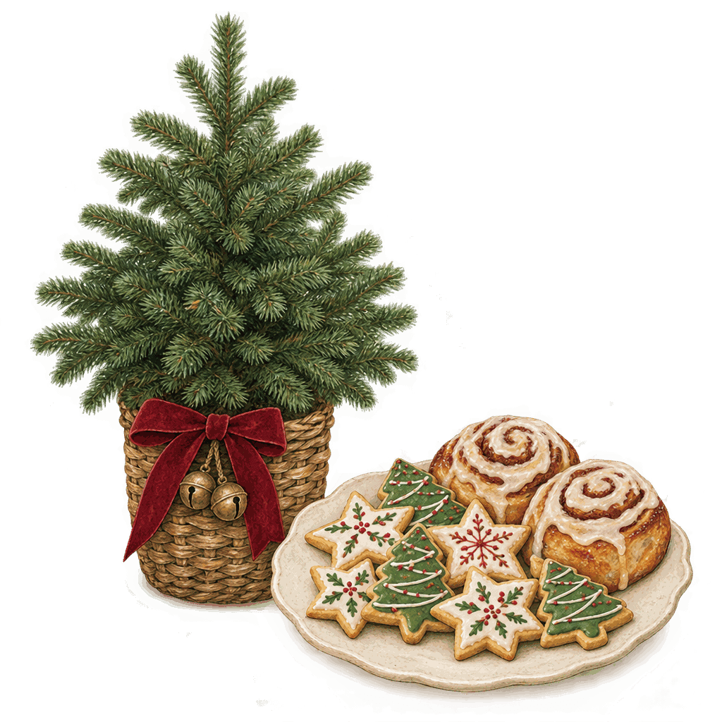 Styled Christmas illustration of a potted fir, iced sugar cookies and cinnamon rolls