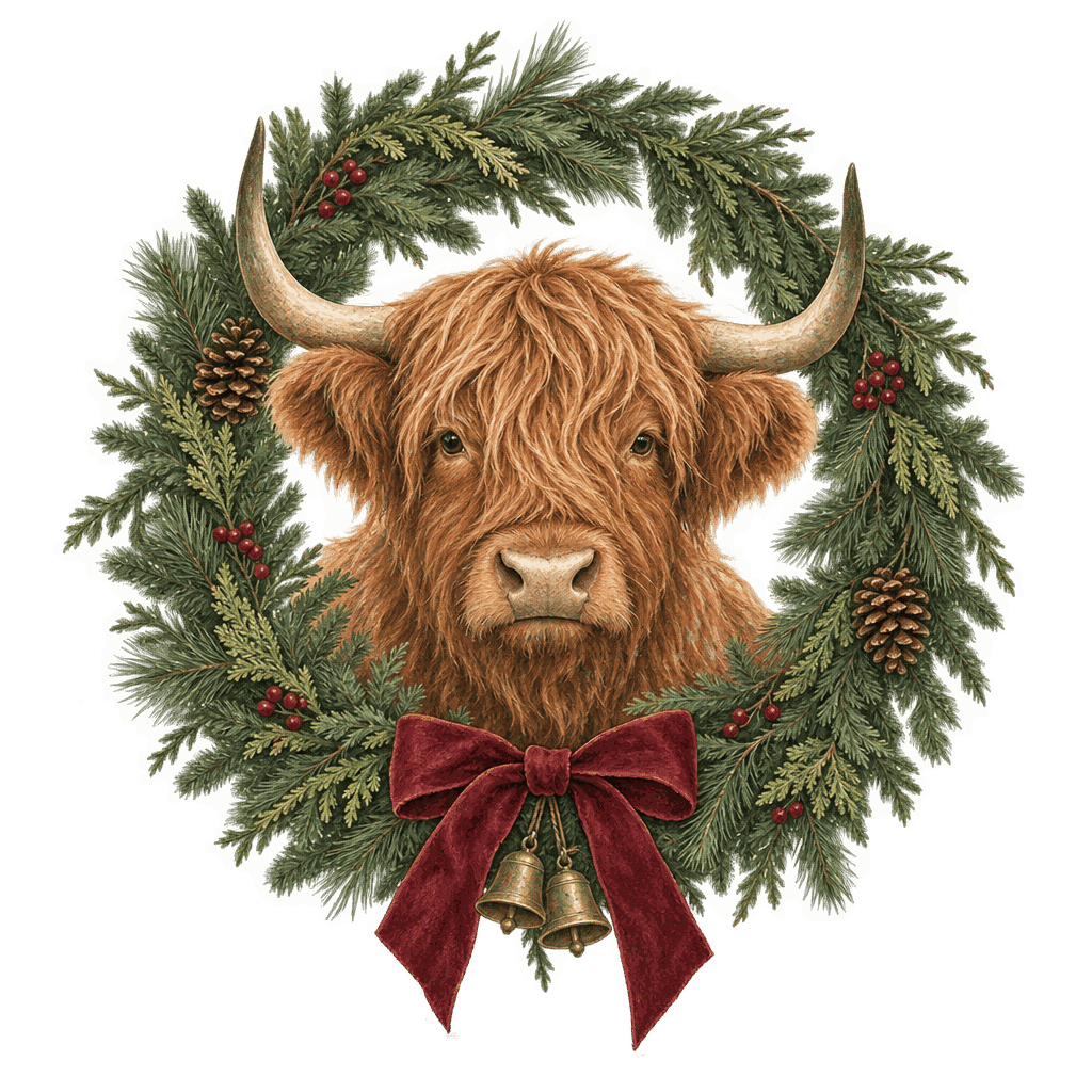 Painted Highland cow in an evergreen Christmas wreath with a cranberry bow and brass bells