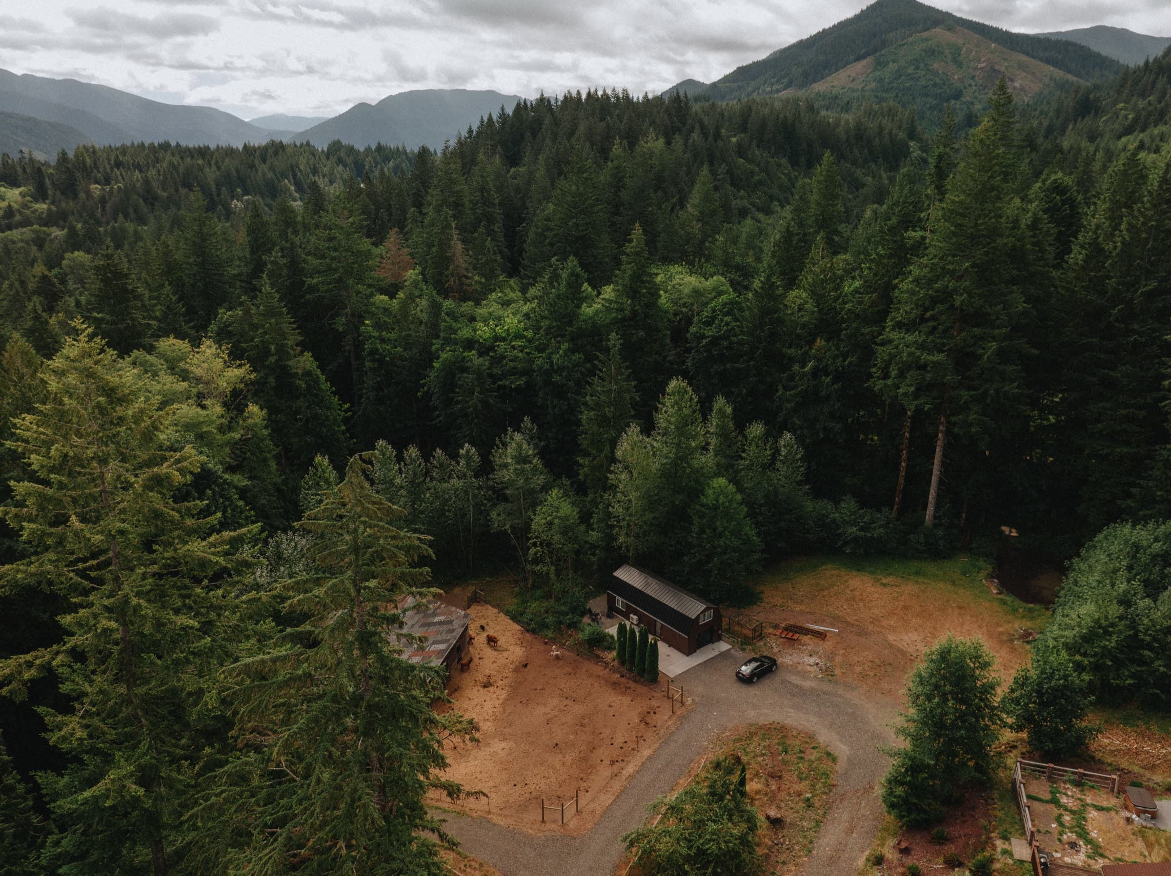 Aerial view of Highland Farms with Mt. Hood foothills