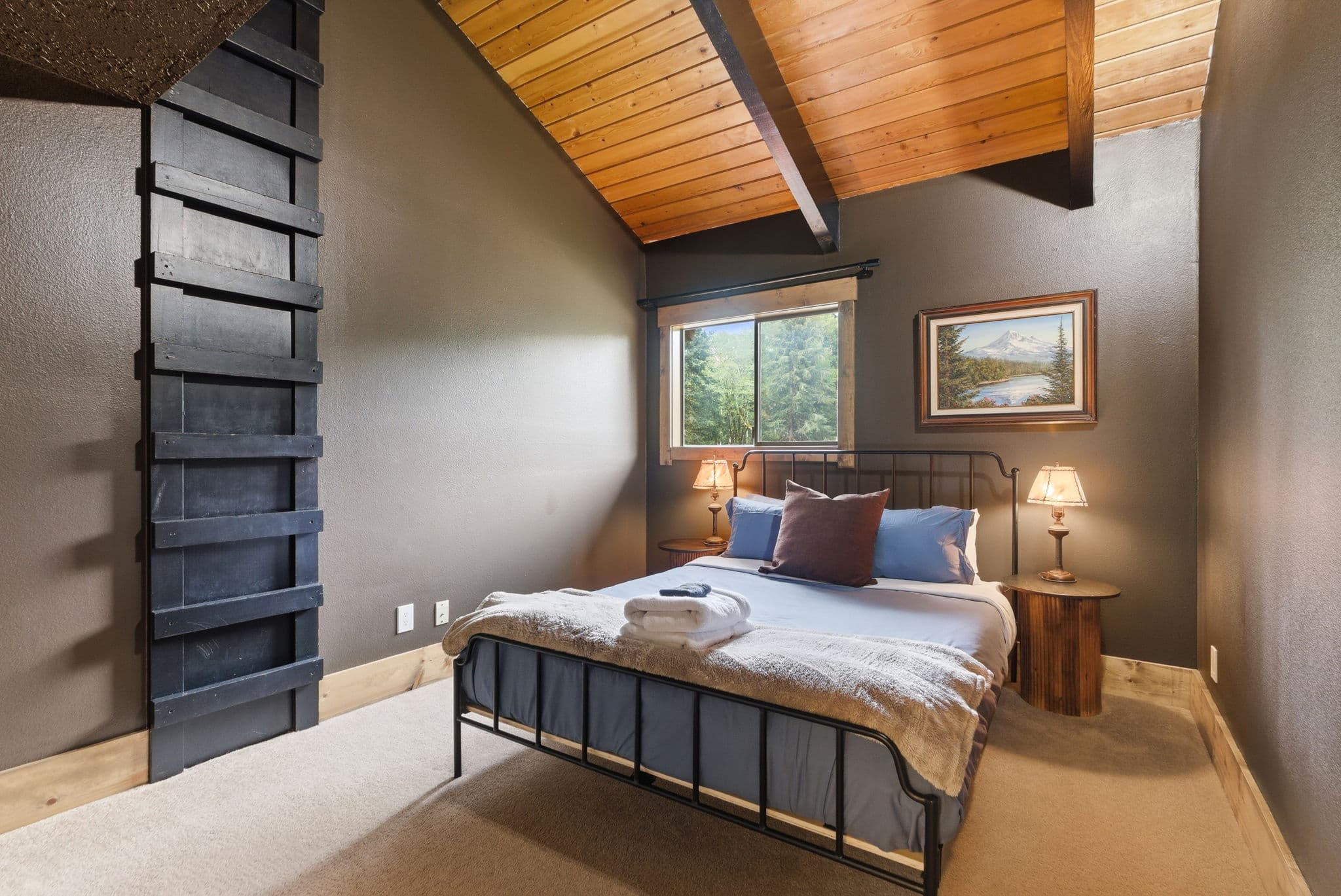 Bedroom with a vaulted ceiling and a black ladder up to a hidden loft