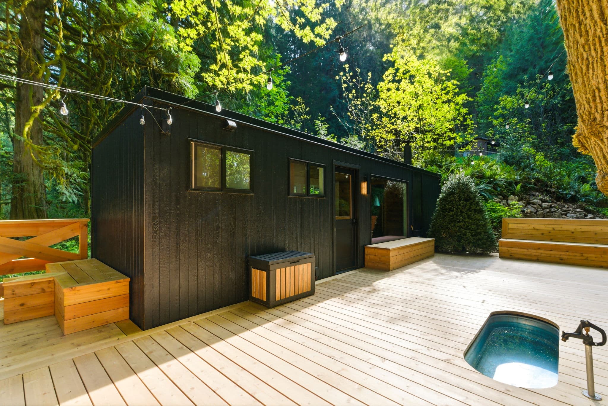 Black-clad spa cabin with cedar deck and cold plunge in the forest