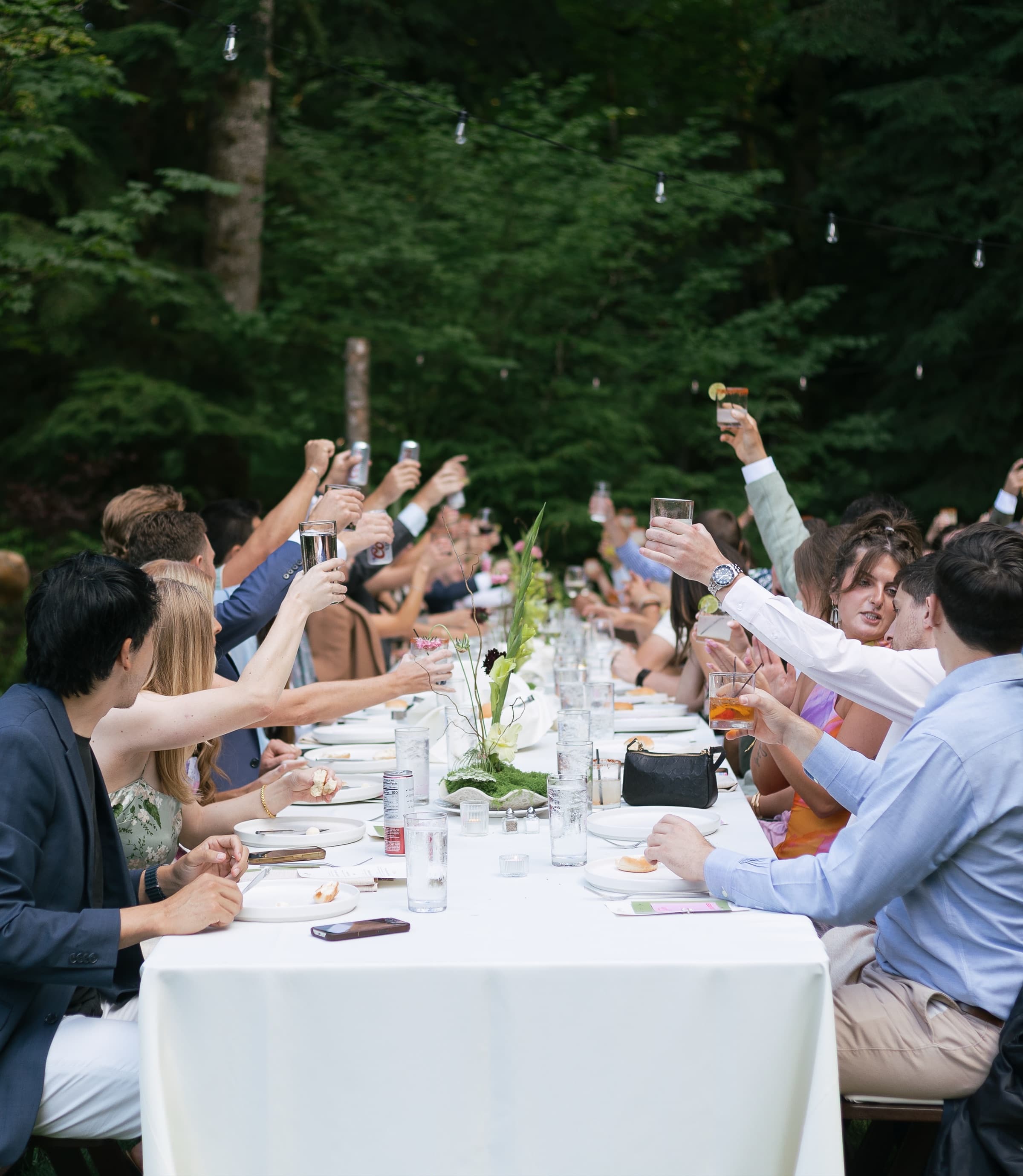 Guests toasting at outdoor forest dinner
